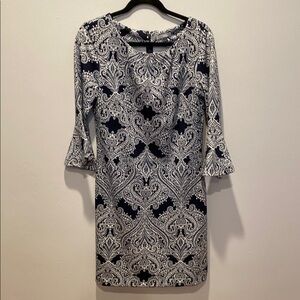 New York & Company stretch  Navy and White Paisley Dress
